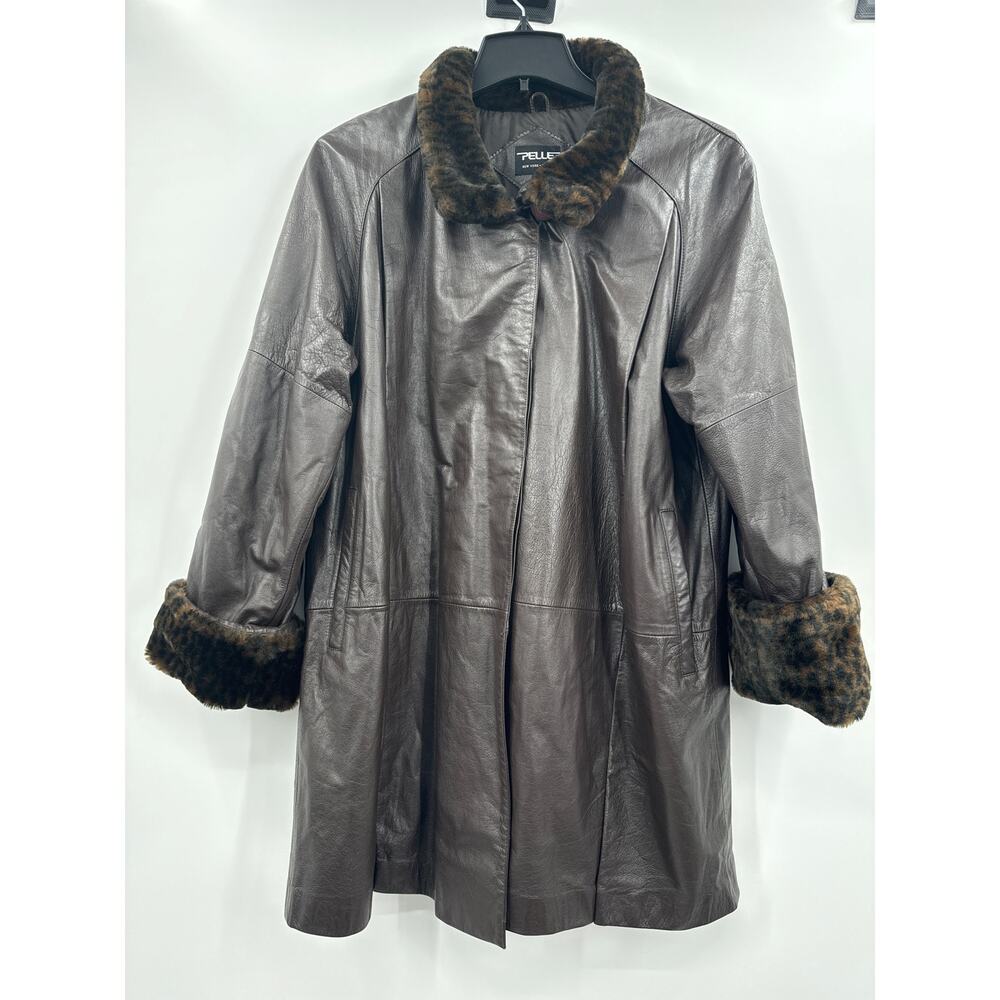 Pelle New York Milano vintage leather jacket coat faux fur sleeve size M